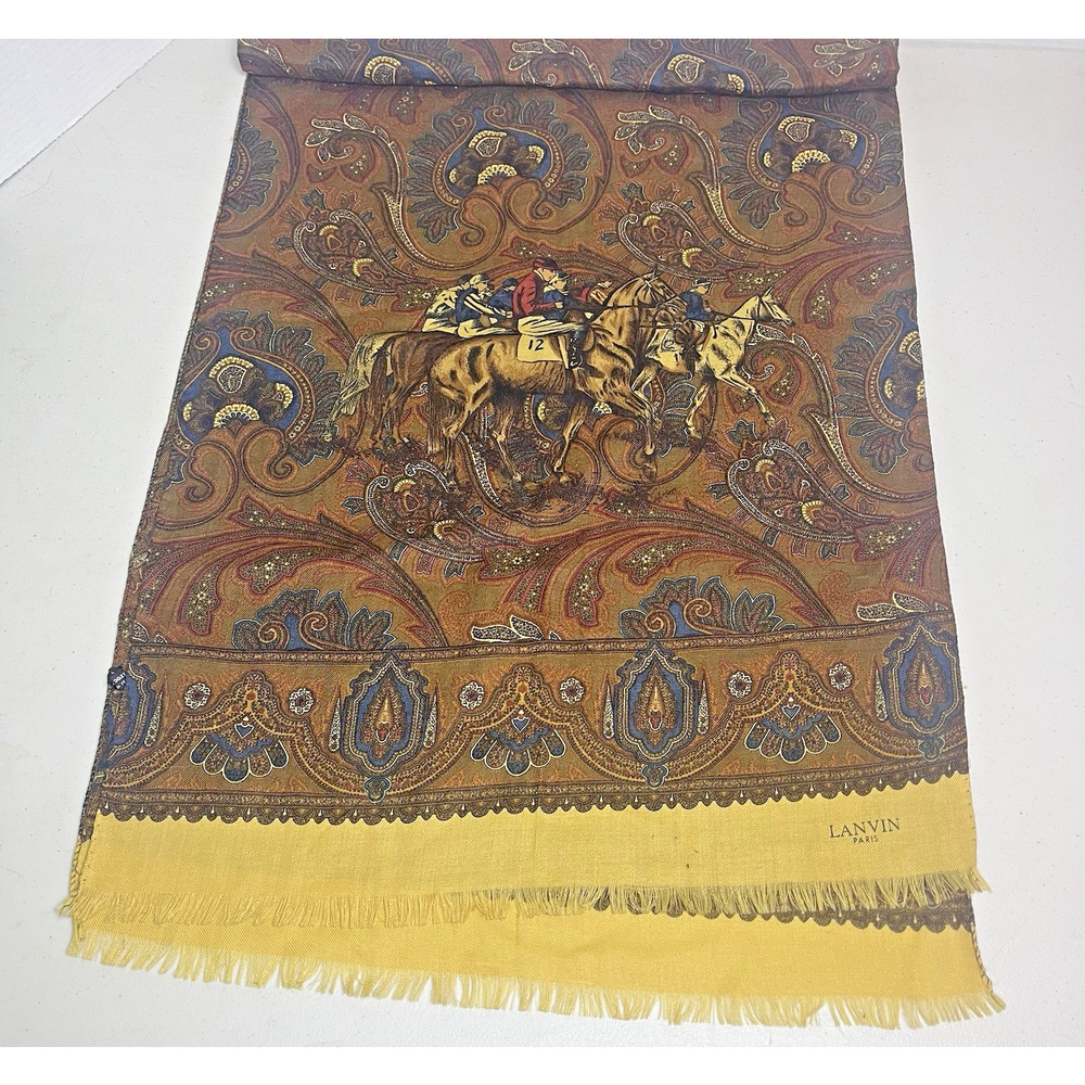 Lanvin Paris Wool Silk Scarf Equestrian Horse Paisley Wool & Silk Italy 19x62 - Picture 2 of 14